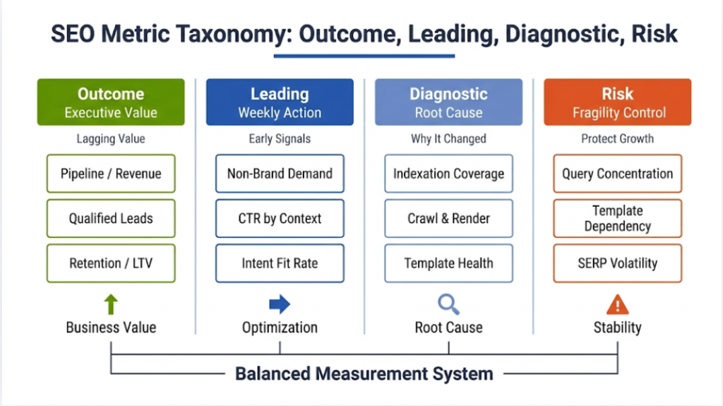 Metric taxonomy: Outcome, leading, diagnostic, and risk