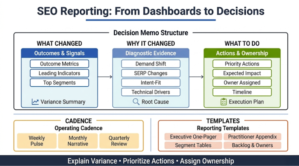 SEO and analytics reporting: from dashboards to decision memos