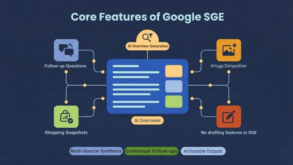 core features and functional capabilities of Google’s Search Generative Experience (SGE)
