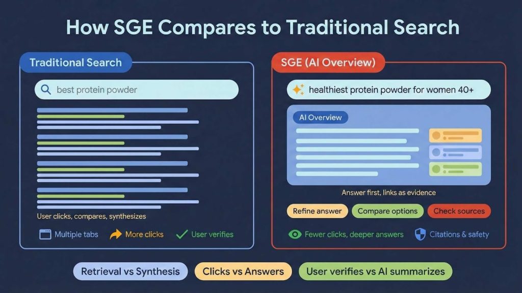 Traditional Google Search vs SGE (Search Generative Experience).