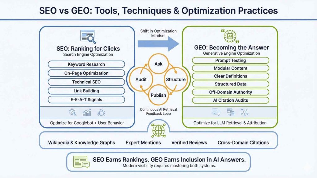 SEO vs GEO: Tools, Techniques & Optimization Practices