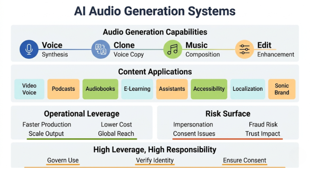 Audio generation, speech synthesis, and music creation