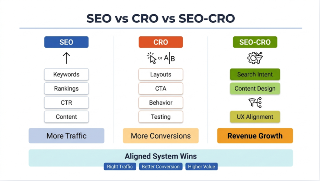 How SEO, CRO, and SEO Conversion Optimization Actually Differ
