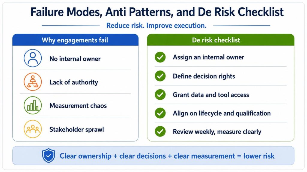 Failure Modes, Anti Patterns, and De Risk Checklist