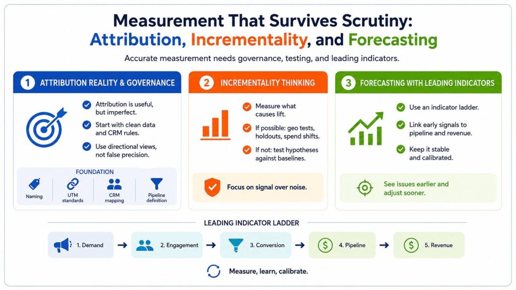 Measurement That Survives Scrutiny: Attribution, Incrementality, and Forecasting